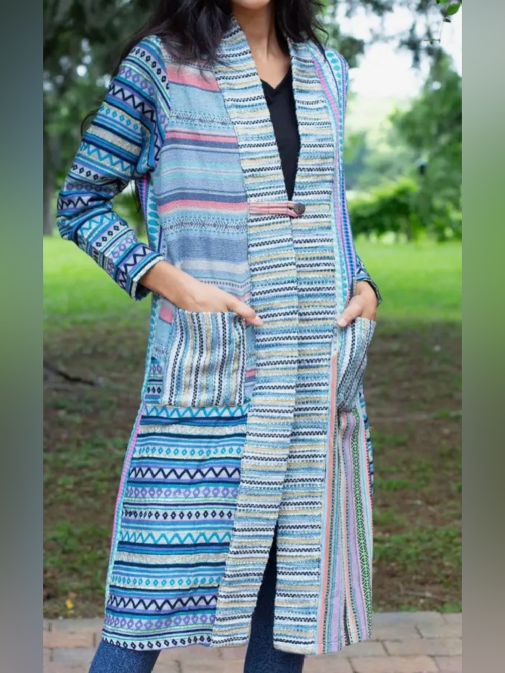 Sacred Threads Striped Boho Long Cardigan Coat in Blue & Pastels